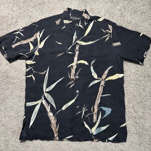 Vintage Tori Richard Silk Hawaiin Shirt Black Bamboo Pattern Mens L Button Down